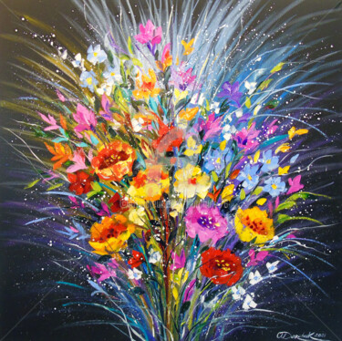 Painting titled "Bouquet of flowers…" by Olha, Original Artwork, Oil Mounted on Wood Stretcher frame