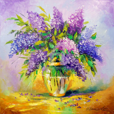 Painting titled "Bouquet of lilac in…" by Olha, Original Artwork, Oil