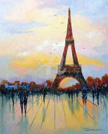 Painting titled "Walk through Paris" by Olha, Original Artwork, Oil Mounted on Wood Stretcher frame