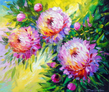 Painting titled "Peonies in the sunb…" by Olha, Original Artwork, Oil