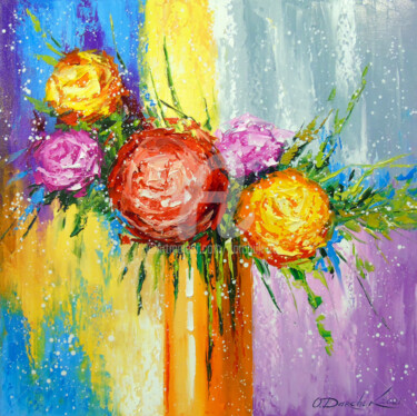 Painting titled "Bouquet  of  bright…" by Olha, Original Artwork, Oil Mounted on Wood Stretcher frame
