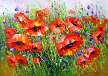 Painting titled "Poppies in bloom" by Olha, Original Artwork, Oil