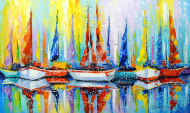 Malarstwo zatytułowany „Sailboats by the pi…” autorstwa Olha, Oryginalna praca, Olej Zamontowany na Drewniana rama noszy