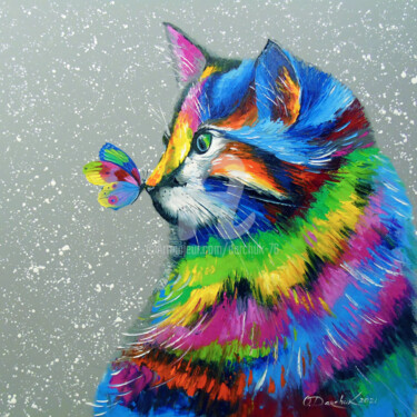 Pintura titulada "Bright cat and butt…" por Olha, Obra de arte original, Oleo