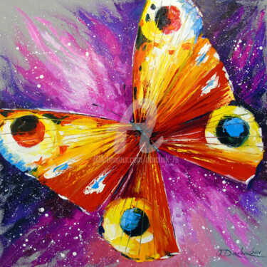 Painting titled "Butterfly in flight" by Olha, Original Artwork, Oil Mounted on Wood Stretcher frame