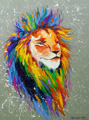 Painting titled "Rainbow Lion" by Olha, Original Artwork, Oil Mounted on Wood Stretcher frame