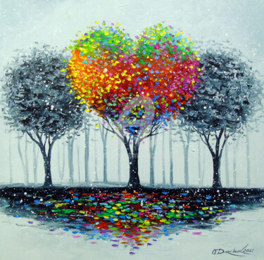 Painting titled "Love      tree" by Olha, Original Artwork, Oil Mounted on Wood Stretcher frame