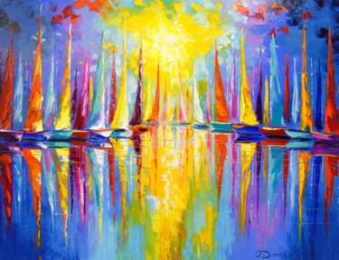 Painting titled "Rainbow sailboats" by Olha, Original Artwork, Oil