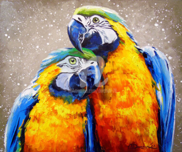 Painting titled "Parrot lovers" by Olha, Original Artwork, Oil Mounted on Wood Stretcher frame