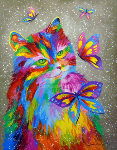 Painting titled "The rainbow cat and…" by Olha, Original Artwork, Oil