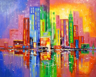 Painting titled "The city of happy p…" by Olha, Original Artwork, Oil