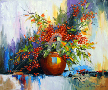 Painting titled "A rowan bouquet" by Olha, Original Artwork, Oil Mounted on Wood Stretcher frame