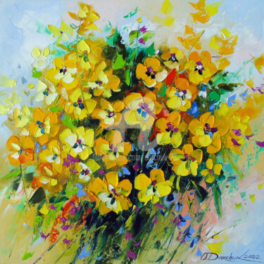 Painting titled "A bouquet of yellow…" by Olha, Original Artwork, Oil Mounted on Wood Stretcher frame
