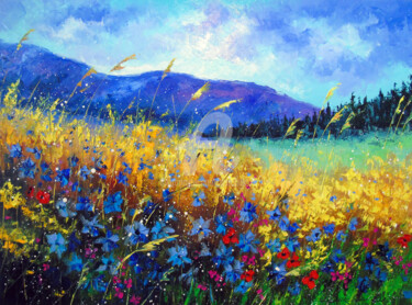 Painting titled "Field flowers in th…" by Olha, Original Artwork, Oil Mounted on Wood Stretcher frame