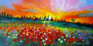 Painting titled "Sunset over a poppy…" by Olha, Original Artwork, Oil Mounted on Wood Stretcher frame