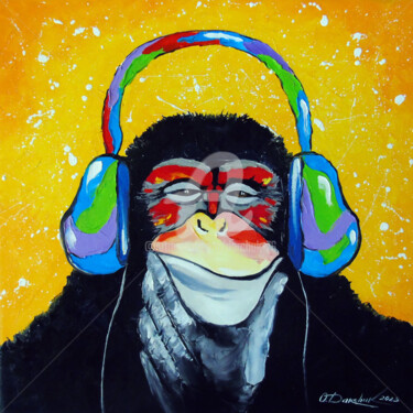 Painting titled "Music lover monkey" by Olha, Original Artwork, Oil Mounted on Wood Stretcher frame