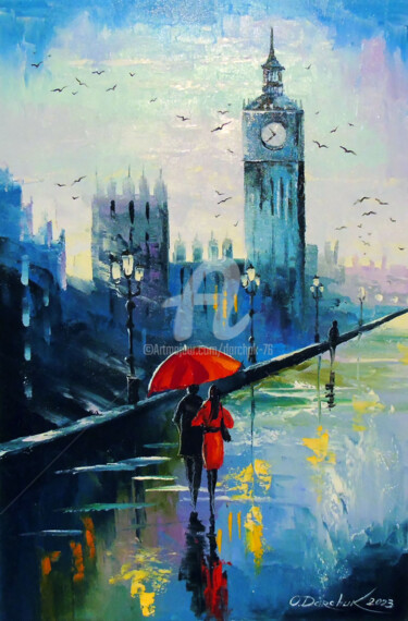 Painting titled "Rain   in   London" by Olha, Original Artwork, Oil Mounted on Wood Stretcher frame