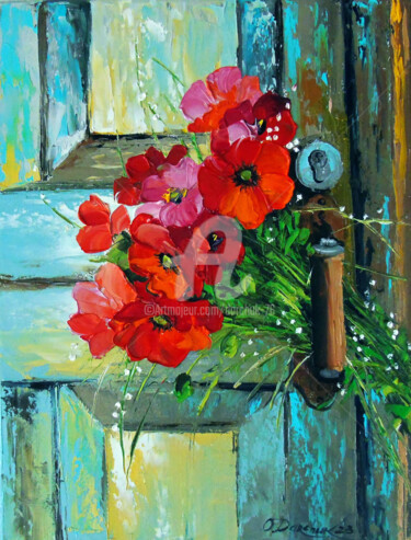 Painting titled "Bouquet of poppies…" by Olha, Original Artwork, Oil Mounted on Wood Stretcher frame