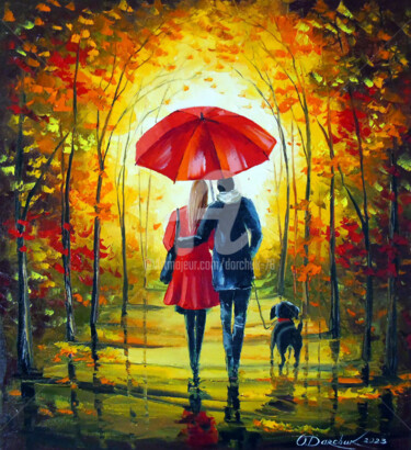 Painting titled "Romantic walk with…" by Olha, Original Artwork, Oil Mounted on Wood Stretcher frame