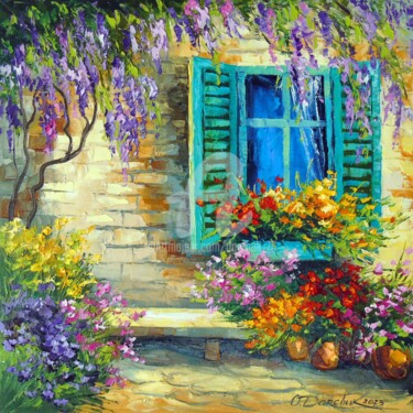 Painting titled "Wisteria at the win…" by Olha, Original Artwork, Oil Mounted on Wood Stretcher frame