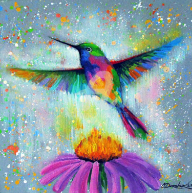 Painting titled "Hummingbird in flig…" by Olha, Original Artwork, Oil Mounted on Wood Stretcher frame