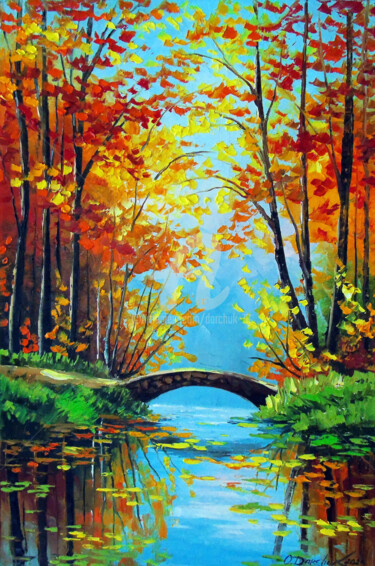Painting titled "Autumn Pond with Br…" by Olha, Original Artwork, Oil Mounted on Wood Stretcher frame