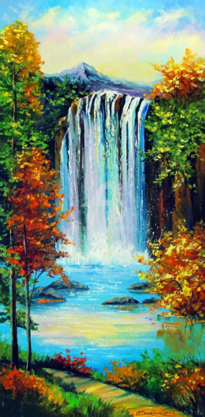 Painting titled "Mountain waterfall…" by Olha, Original Artwork, Oil Mounted on Wood Stretcher frame