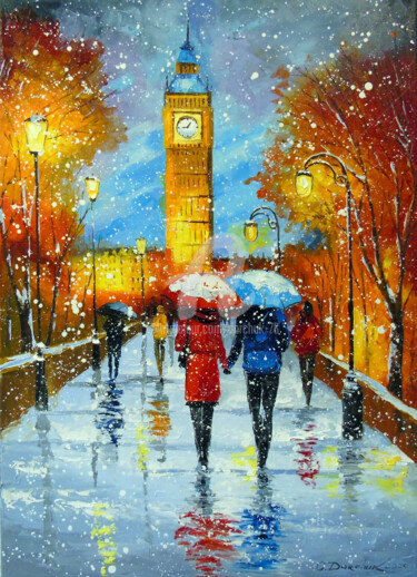 Painting titled "Romantic snowfall i…" by Olha, Original Artwork, Oil Mounted on Wood Stretcher frame