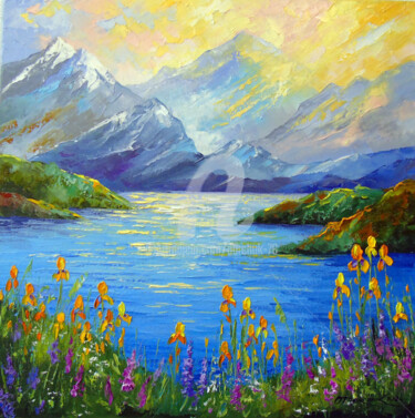 Painting titled "Mountain Serenity:…" by Olha, Original Artwork, Oil Mounted on Wood Stretcher frame