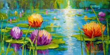 Painting titled "Blooming Lilies: Se…" by Olha, Original Artwork, Oil Mounted on Wood Stretcher frame