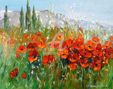 Painting titled "Field of poppies ne…" by Olha, Original Artwork, Oil Mounted on Wood Stretcher frame