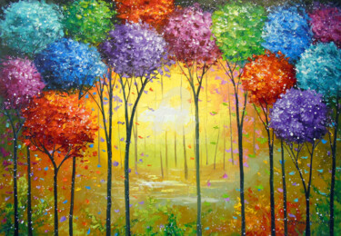 Painting titled "Fairytale forest" by Olha, Original Artwork, Oil Mounted on Wood Stretcher frame