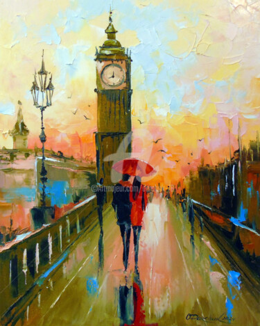Painting titled "Romance of London i…" by Olha, Original Artwork, Oil Mounted on Wood Stretcher frame