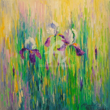 Painting titled "Irises in field" by Olha, Original Artwork, Oil