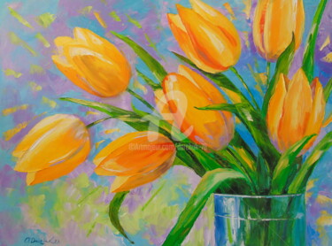 Painting titled "A bouquet of tulips" by Olha, Original Artwork, Oil