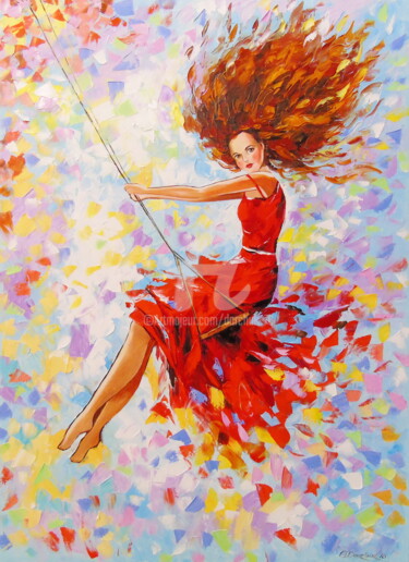 Painting titled "Girl on a swing" by Olha, Original Artwork, Oil