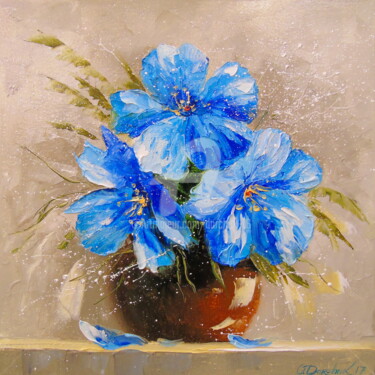 Painting titled "Blue flowers" by Olha, Original Artwork, Oil