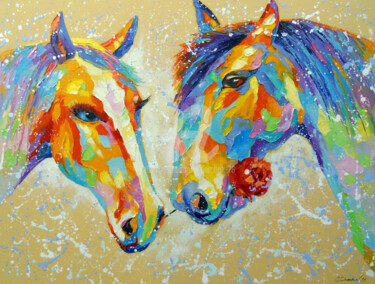 Schilderij getiteld "Horse love" door Olha, Origineel Kunstwerk, Olie Gemonteerd op Frame voor houten brancard