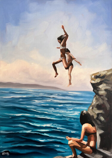 Schilderij getiteld "Summer Diving" door Daria Gerasimova, Origineel Kunstwerk, Olie Gemonteerd op Frame voor houten brancard