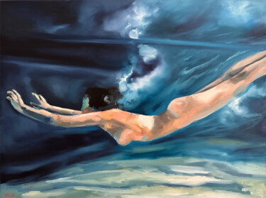 Painting titled "Skinny Dipping - Un…" by Daria Gerasimova, Original Artwork, Oil Mounted on Wood Stretcher frame