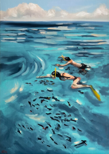 Painting titled "Snorkeling - Underw…" by Daria Gerasimova, Original Artwork, Oil Mounted on Wood Stretcher frame