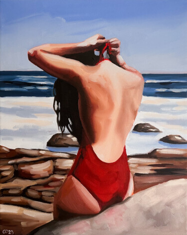 Pintura intitulada "Girl in a Red Swims…" por Daria Gerasimova, Obras de arte originais, Óleo Montado em Armação em madeira