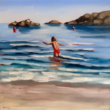Painting titled "Swimming in Ocean W…" by Daria Gerasimova, Original Artwork, Oil Mounted on Wood Stretcher frame