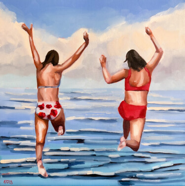 Painting titled "Jump into the sky -…" by Daria Gerasimova, Original Artwork, Oil Mounted on Wood Stretcher frame