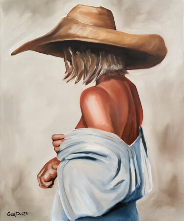 Painting titled "Woman in Hat - Boho…" by Daria Gerasimova, Original Artwork, Oil Mounted on Wood Stretcher frame
