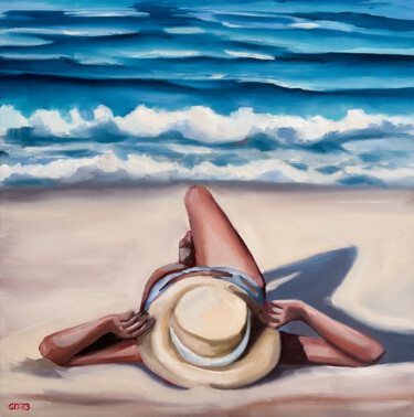 Painting titled "Lady on the Beach -…" by Daria Gerasimova, Original Artwork, Oil Mounted on Wood Stretcher frame