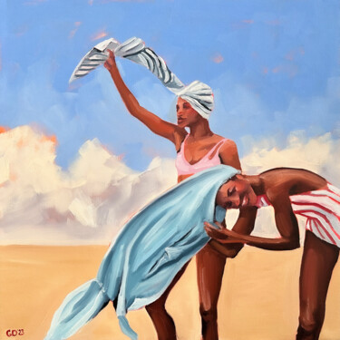 Painting titled "Women on the Beach…" by Daria Gerasimova, Original Artwork, Oil Mounted on Wood Stretcher frame