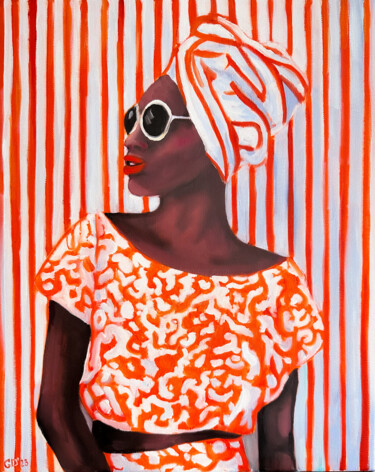 Painting titled "Orange Stripe - Afr…" by Daria Gerasimova, Original Artwork, Oil Mounted on Wood Stretcher frame
