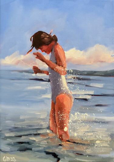 Painting titled "Water Splashes - Wo…" by Daria Gerasimova, Original Artwork, Oil Mounted on Wood Stretcher frame