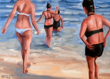 Painting titled "Beach Scene - Women…" by Daria Gerasimova, Original Artwork, Oil Mounted on Wood Stretcher frame